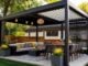 A pergola structure on sleek, modern patio