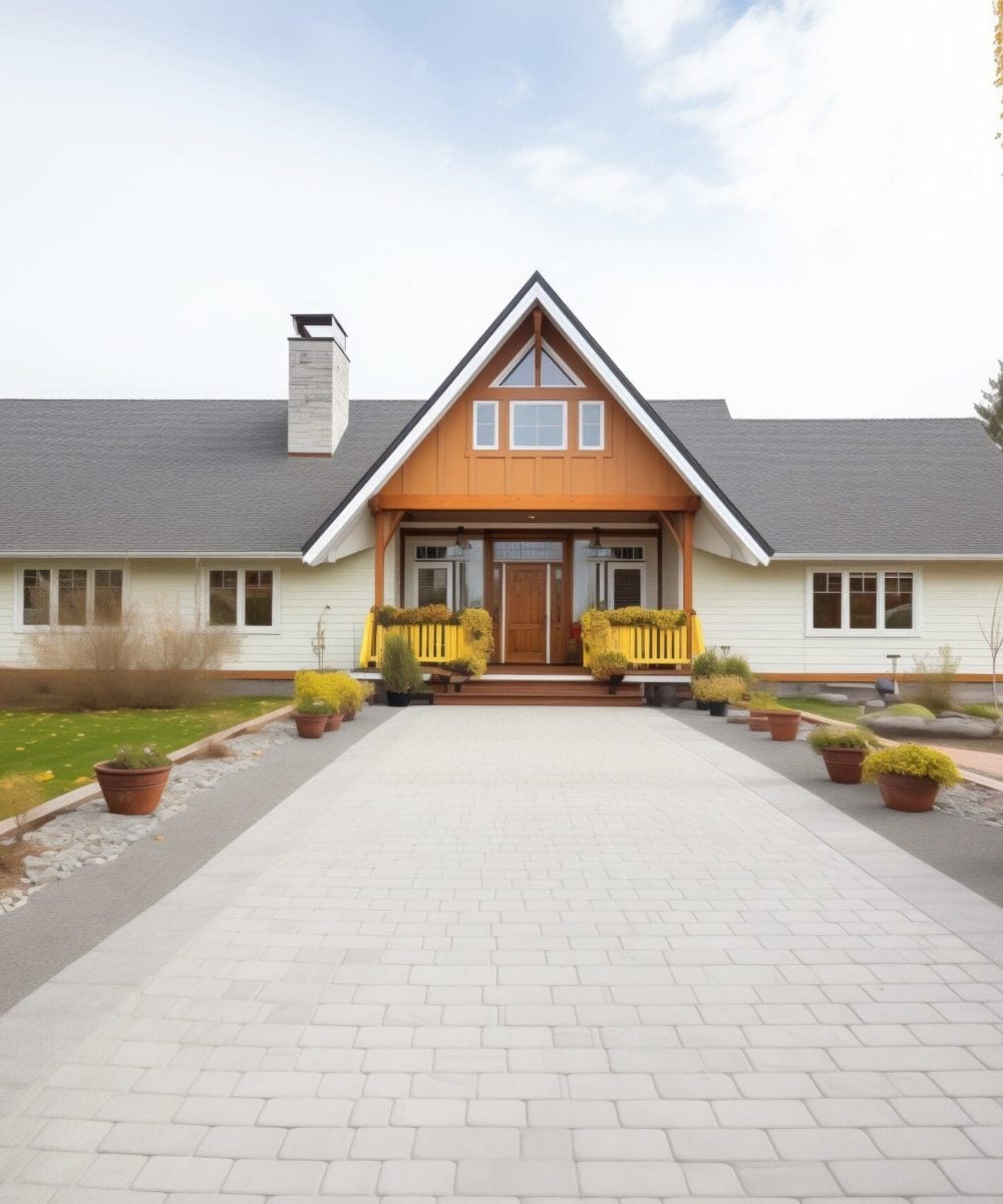 wide paver driveway with a contrasting border design in front of a house